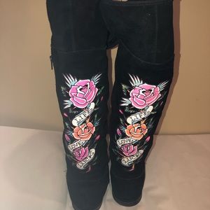 Ed Hardy tall black suede tattoo boots size 9
